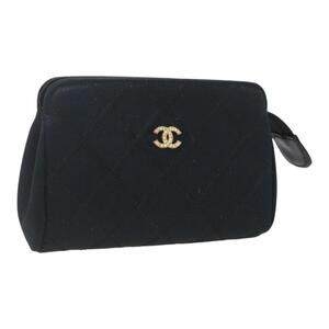CHANEL Bicolore Pouch Satin Black Gold CC Auth 158658